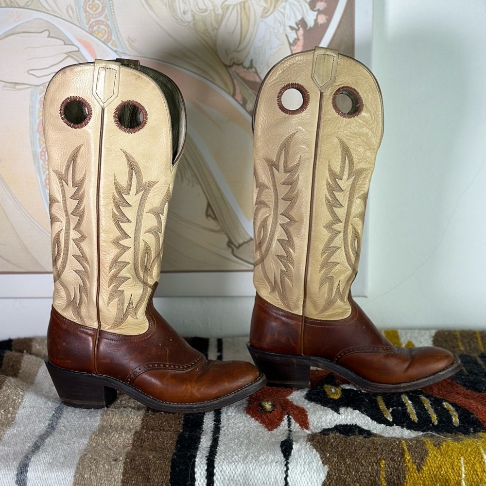 Women’s Vintage Brown and Tan Leather Tall Shaft‎ Cowboy Boots Size 6.5